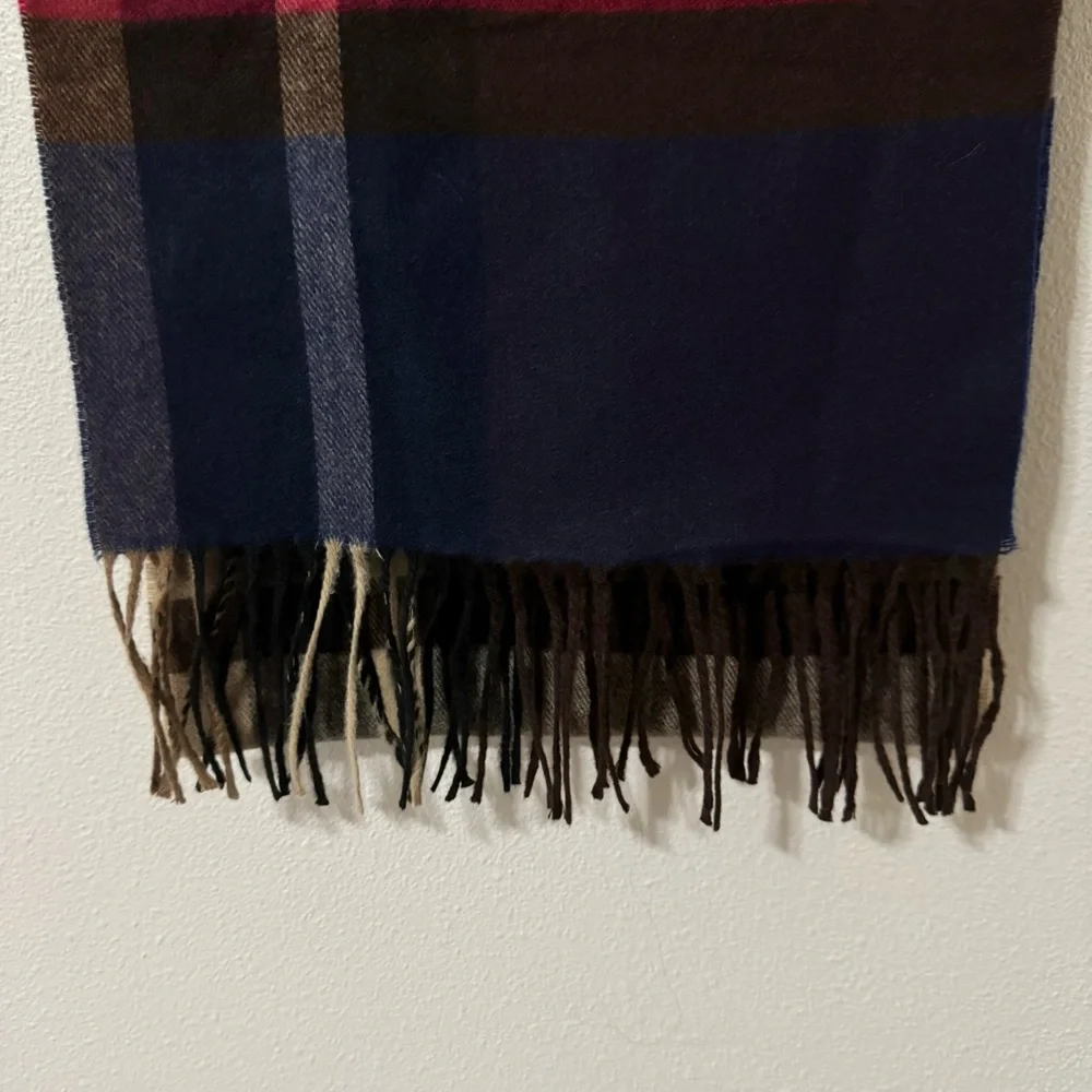 Cashmere Fringe Scarf Blue Tan Black Red Plaid Made in Germany-64x12”